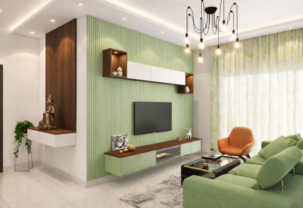 Modern house interior design with neutral living room, wooden furniture, and soft lighting