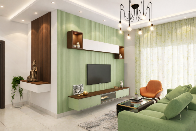 Modern house interior design with neutral living room, wooden furniture, and soft lighting