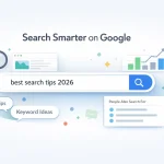 Google search tips illustration showing search bar, keyword ideas, and People Also Search For suggestions
