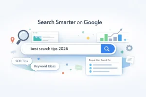 Google search tips illustration showing search bar, keyword ideas, and People Also Search For suggestions