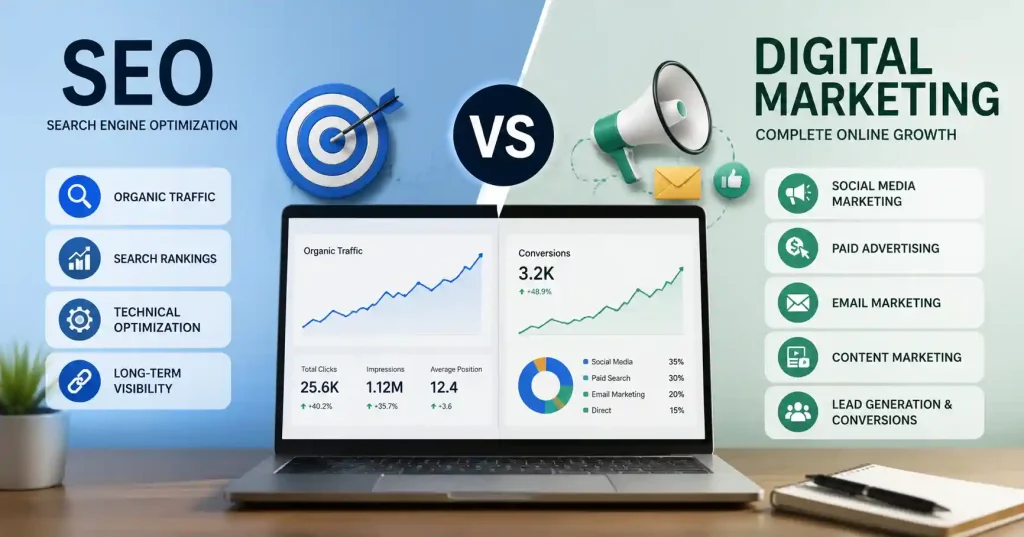 seo vs digital marketing analytics dashboard showing traffic and conversion growth