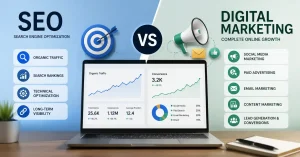 seo vs digital marketing analytics dashboard showing traffic and conversion growth