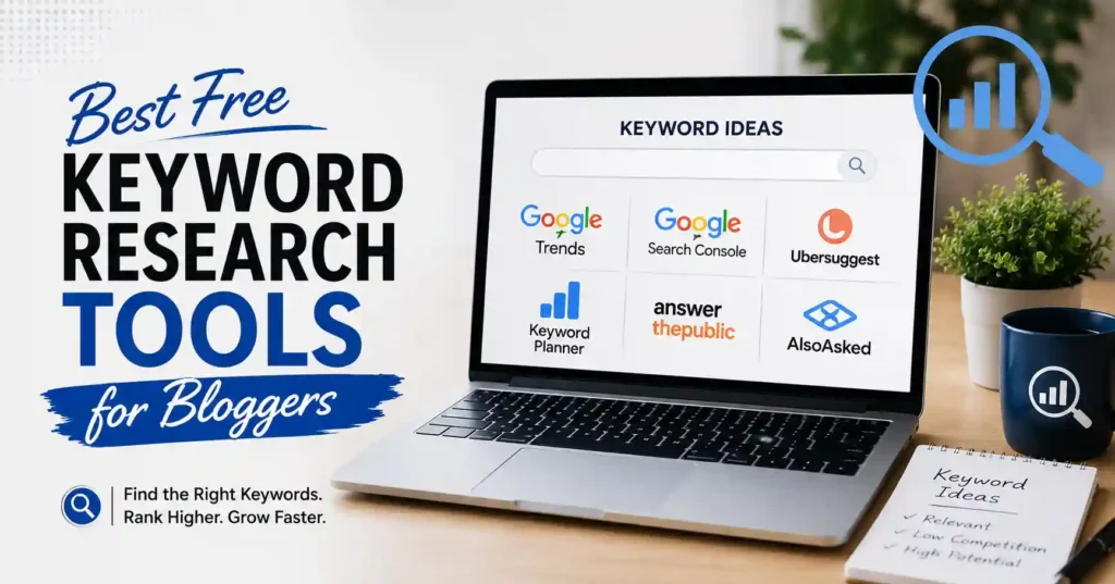 Dashboard view of popular free keyword research tools used by bloggers for SEO and content planning