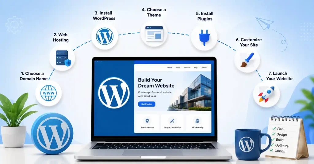 Illustration showing how to create a WordPress website step by step, including domain registration, web hosting, WordPress installation, themes, plugins, SEO optimization, and website launch for beginners.