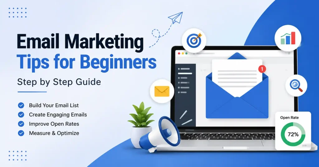 Email marketing analytics dashboard showing open rate, click-through rate, conversions, unsubscribe rate, and campaign performance metrics for beginners.