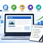 Content marketing strategy illustration showing content planning, keyword research, SEO optimization, blog publishing, analytics dashboard, and organic traffic growth for a new website.
