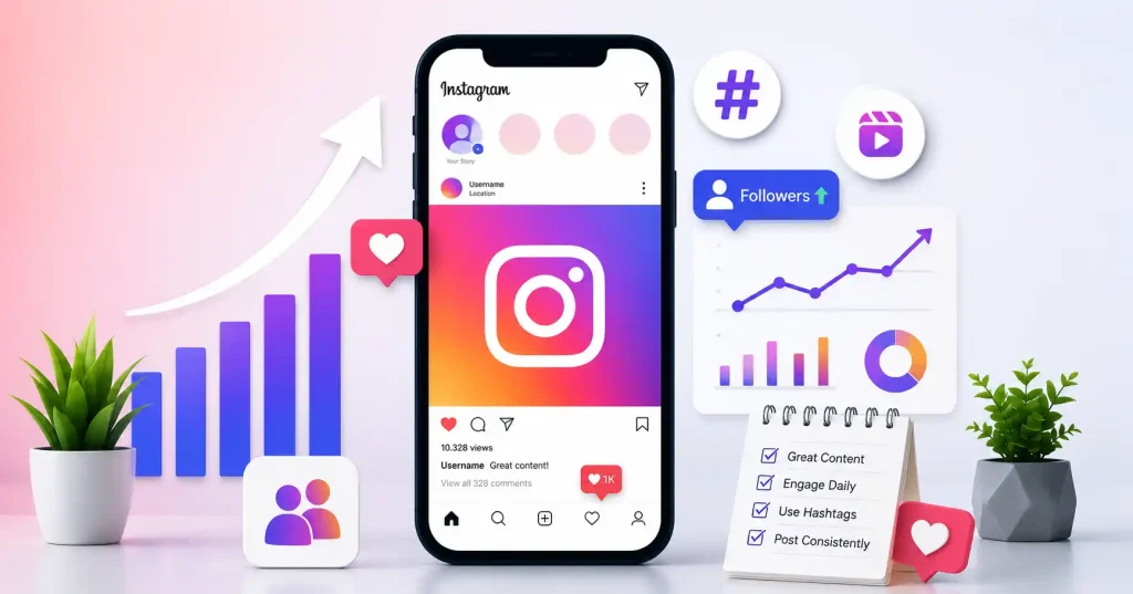 Illustration showing how to grow Instagram organically without ads using content strategy, Reels, engagement, hashtags, analytics, and follower growth techniques.