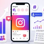 Illustration showing how to grow Instagram organically without ads using content strategy, Reels, engagement, hashtags, analytics, and follower growth techniques.