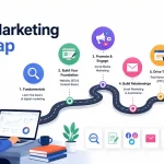 Digital marketing roadmap illustration showing SEO, content marketing, social media, email marketing, analytics, PPC, and AI tools in a step-by-step learning path for beginners.