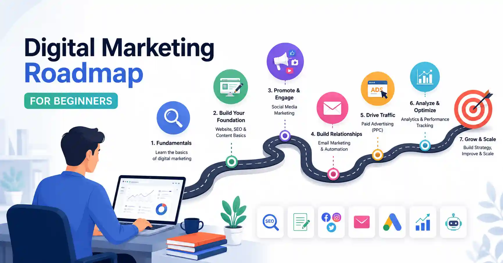 Digital marketing roadmap illustration showing SEO, content marketing, social media, email marketing, analytics, PPC, and AI tools in a step-by-step learning path for beginners.