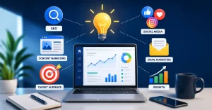 Best online marketing ideas for beginners showing SEO, content marketing, social media, email marketing, and website growth strategies in 2026.