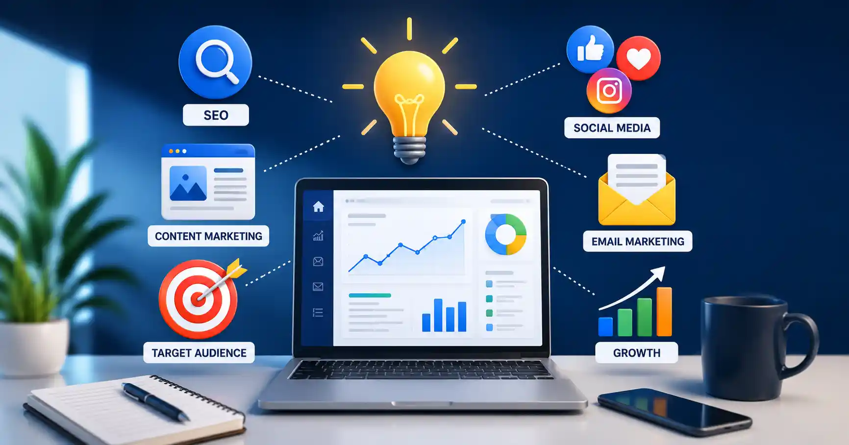 Best online marketing ideas for beginners showing SEO, content marketing, social media, email marketing, and website growth strategies in 2026.