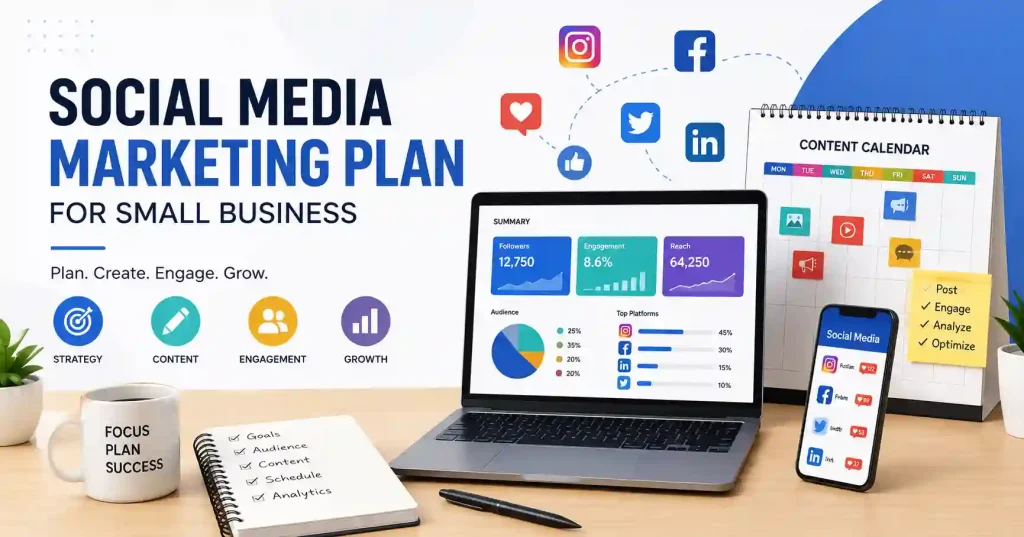Social media marketing plan illustration showing content calendar, social media analytics, audience engagement, and business growth strategy for a small business.