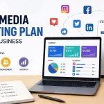Social media marketing plan illustration showing content calendar, social media analytics, audience engagement, and business growth strategy for a small business.
