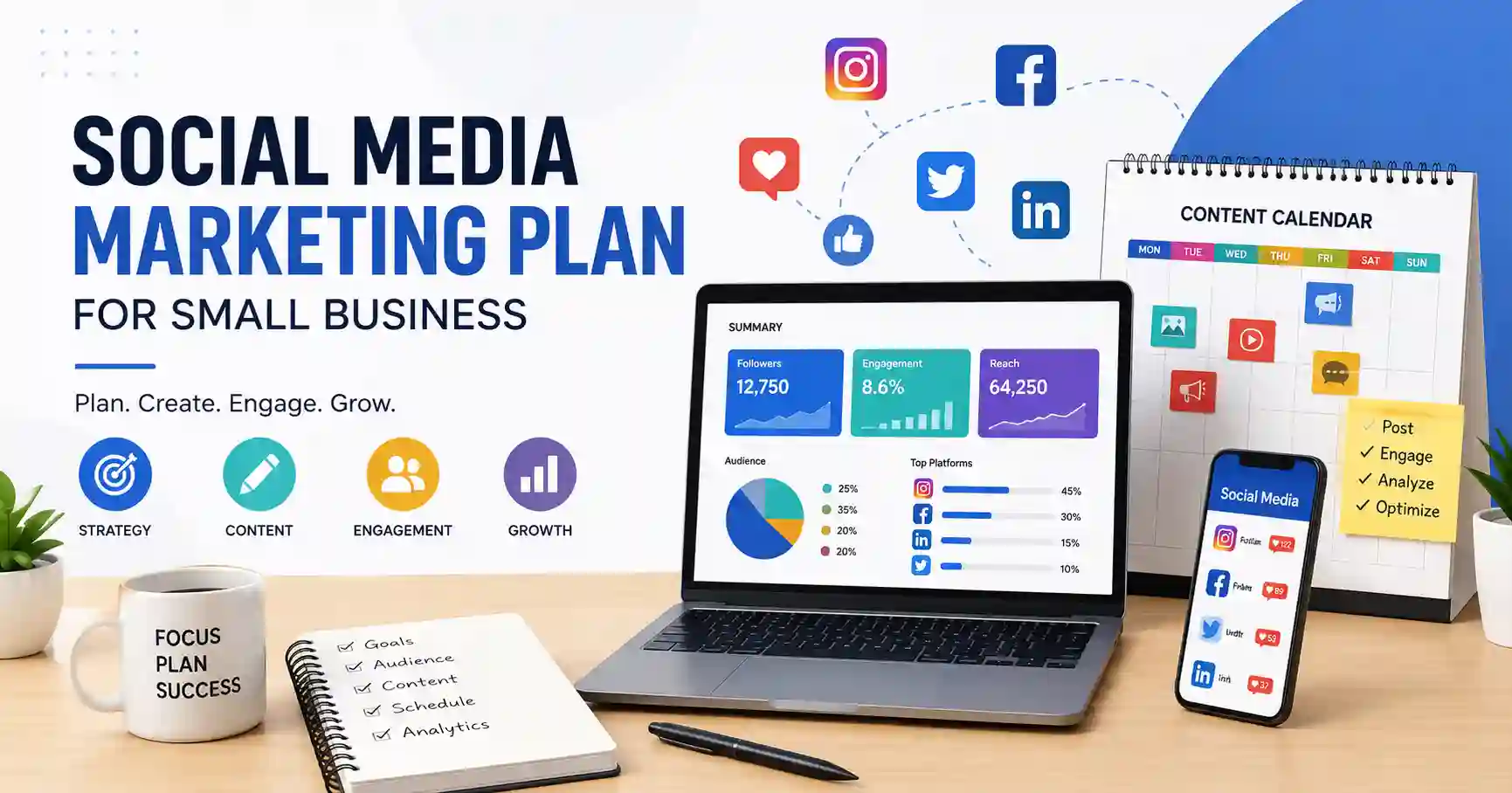 Social media marketing plan illustration showing content calendar, social media analytics, audience engagement, and business growth strategy for a small business.