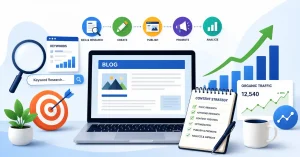 Content marketing strategy illustration showing content planning, keyword research, SEO optimization, blog publishing, analytics dashboard, and organic traffic growth for a new website.