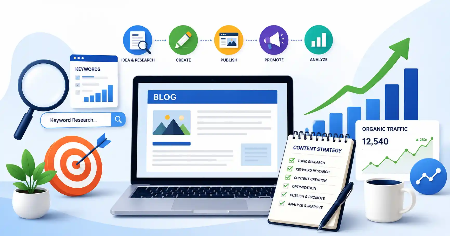 Content marketing strategy illustration showing content planning, keyword research, SEO optimization, blog publishing, analytics dashboard, and organic traffic growth for a new website.