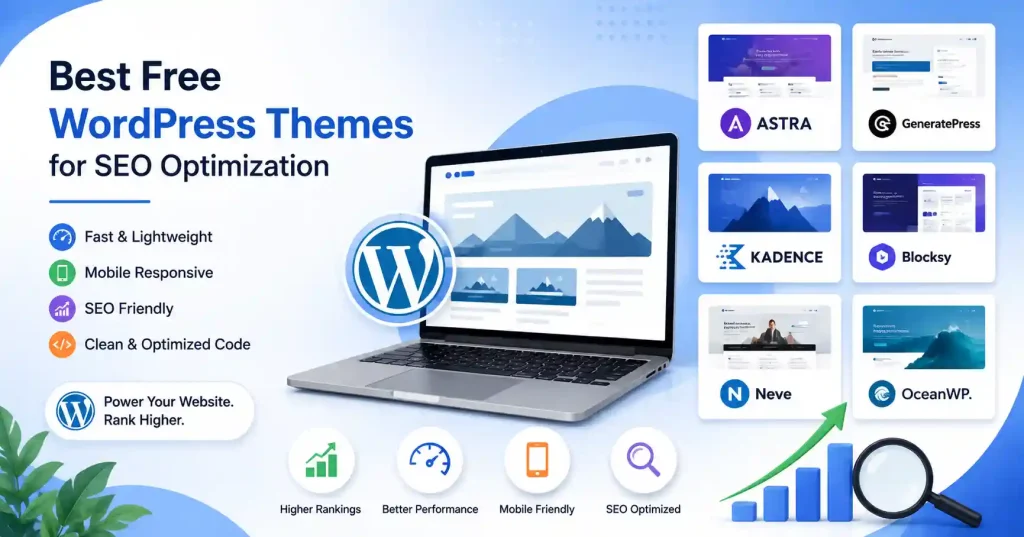 Illustration showing the best free WordPress themes for SEO optimization, including Astra, GeneratePress, Kadence, Blocksy, Neve, and OceanWP with speed, SEO, mobile-friendly, and website performance icons.