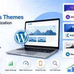 Illustration showing the best free WordPress themes for SEO optimization, including Astra, GeneratePress, Kadence, Blocksy, Neve, and OceanWP with speed, SEO, mobile-friendly, and website performance icons.