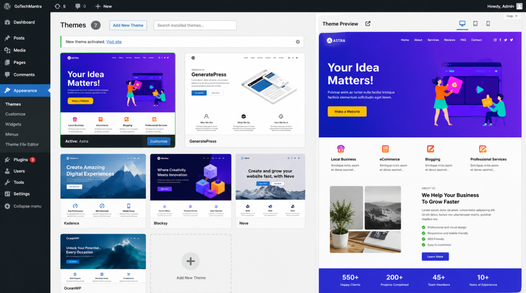 WordPress Appearance Themes dashboard showing Astra, GeneratePress, Kadence, Blocksy, Neve, and OceanWP themes, with Astra activated and a business website homepage preview displayed on the right for theme customization and SEO-friendly website setup.